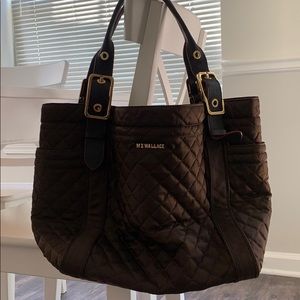 MZ Wallace brown quilted tote with gold hardware